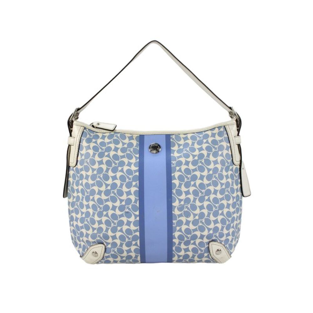 Coach Womens Coated Canvas Monogram Zip Medium Hobo Handbag Blue White